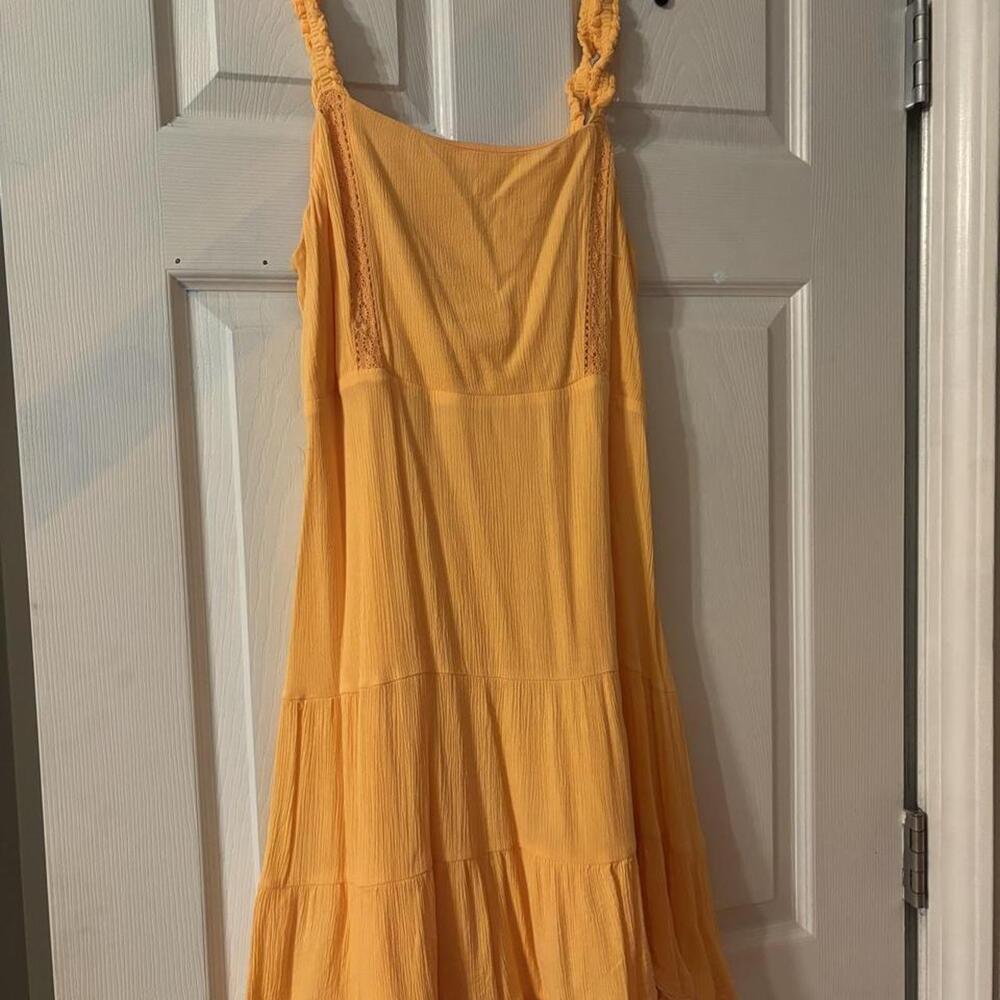 Golden Yellow Crinkle Tiered Midi Dress with Ruffled Straps